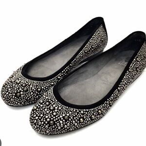 Stuart Weitzman Elegant Black and Gold Studded Women's Flats